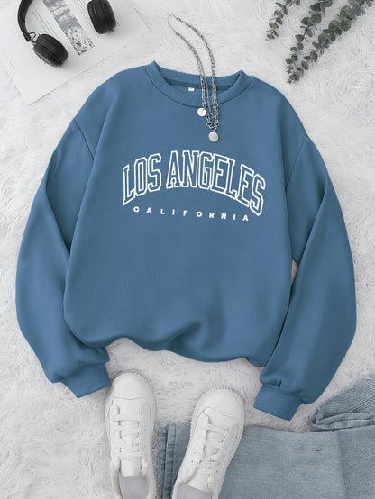 Los Angeles Print Preppy Sweatshirt, Long Sleeve Crew Neck Casual Sweatshirt For Winter & Fall, Women's Clothing