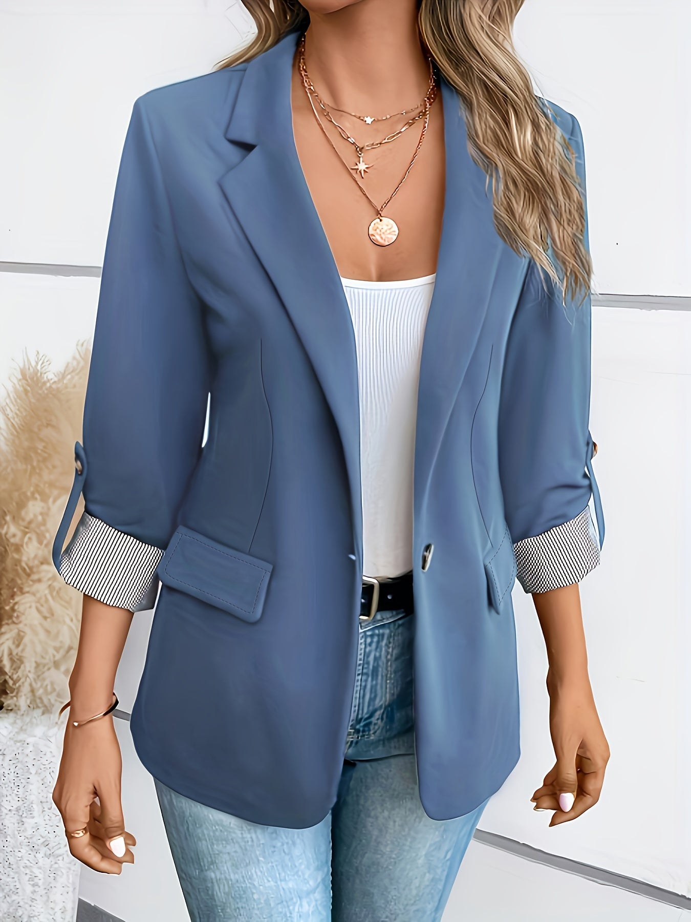 [Elegant Blazer] Polyester Elegant Light Blue Women's Blazer | Double-Breasted with Lapel Collar & Cuff Detail - Three-Quarter Sleeve, Spring/Fall Fashion Jacket