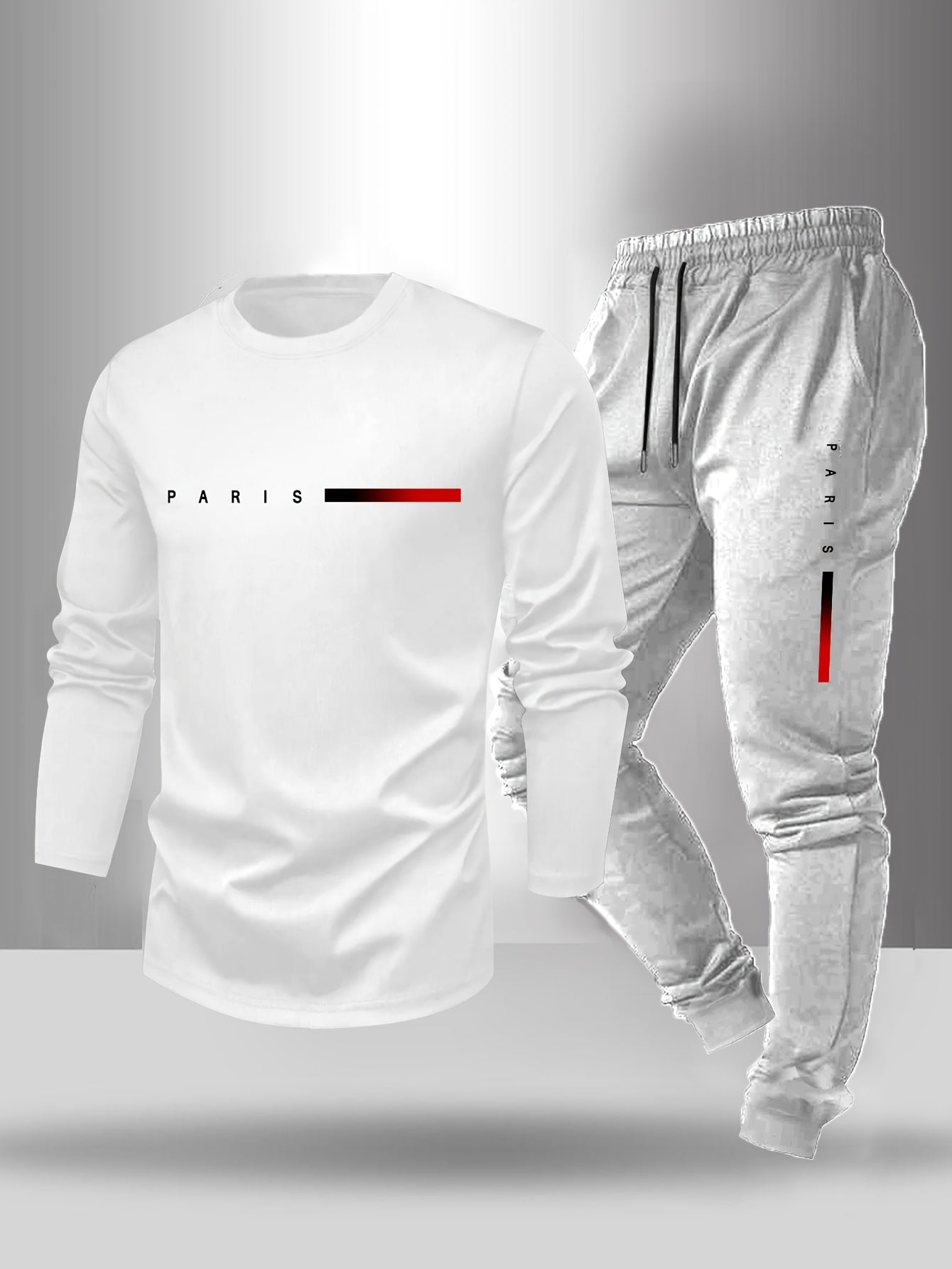 Men's Long Sleeve T-Shirt and Pants Set, Spring/Autumn 2-Piece Set with Paris Letter Print Crew Neck Long Sleeve T-Shirt + Drawstring Outdoor Casual Sports Pants Set 2-Piece