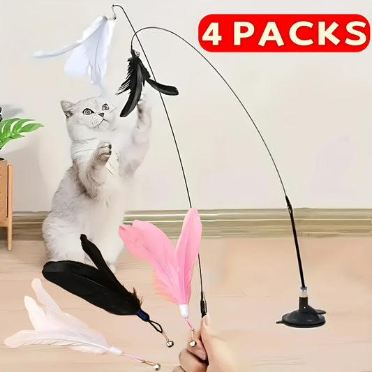 4pcs Cat Feather Teaser Toy Set, Including 1 Cat Wand And 3 Different Colored Simulated Artificial Feather Replacement Heads, Strong Suction Cup Base, No Battery Required, Suitable for Interactive Games for All Breeds