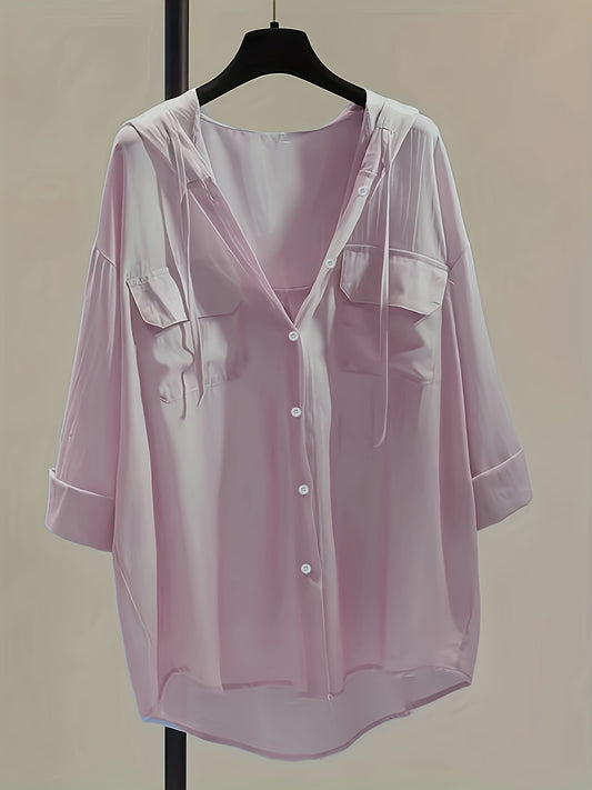 Solid Pocket Button Hooded Blouse, Casual Drawstring Blouse For Spring & Summer, Women's Clothing
