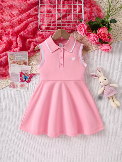 Summer Fashion Sleeveless Polo Dress for Girls with a Heart Print, Knee-Length Casual Outfit