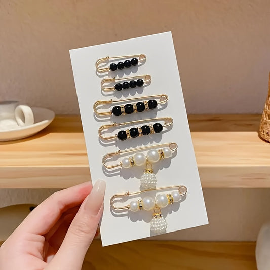 6-Piece Set of Exquisite Elegant Artificial Pearl Brooches - Versatile, Chic, and Timeless Black and White Accessories with Safety Pin Backing for Effortless Styling on Any Outfit, Occasion, or Season