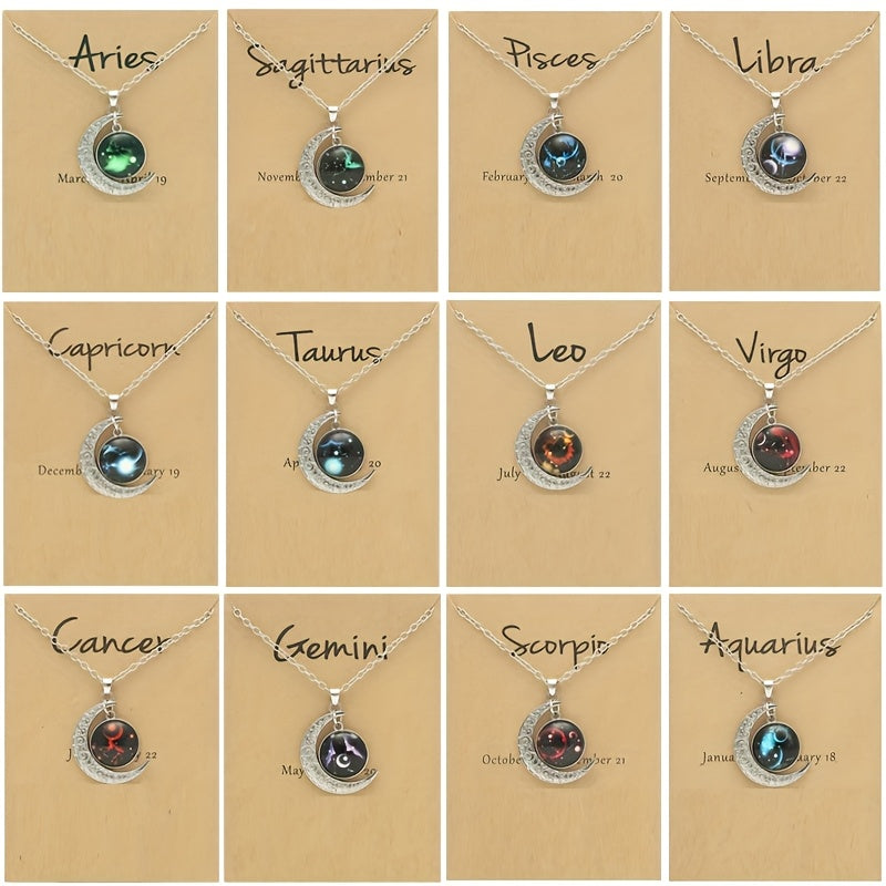 1pc Retro Glow-In-The-Dark Zodiac Moon Pendant Necklace - Vintage Style, Zinc Alloy with Accents, Adjustable Chain for Women - Ideal for Daily Wear & Gifting, Zodiac Jewelry, Gift Jewelry, Vintage Jewelry, Durable Jewelry