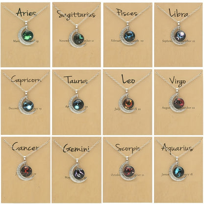 1pc Retro Glow-In-The-Dark Zodiac Moon Pendant Necklace - Vintage Style, Zinc Alloy with Accents, Adjustable Chain for Women - Ideal for Daily Wear & Gifting, Zodiac Jewelry, Gift Jewelry, Vintage Jewelry, Durable Jewelry
