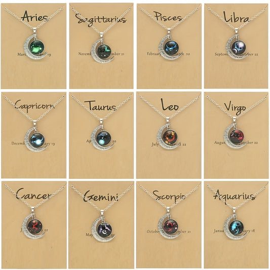 1pc Retro Glow-In-The-Dark Zodiac Moon Pendant Necklace - Vintage Style, Zinc Alloy with Accents, Adjustable Chain for Women - Ideal for Daily Wear & Gifting, Zodiac Jewelry, Gift Jewelry, Vintage Jewelry, Durable Jewelry