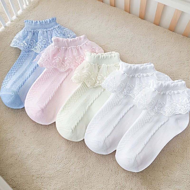 5 Pairs of Girls' Socks with Lace Ruffles, Breathable And Comfortable, Perfect for Dance And Princess Themes