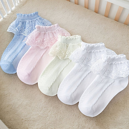 5 Pairs of Girls' Socks with Lace Ruffles, Breathable And Comfortable, Perfect for Dance And Princess Themes