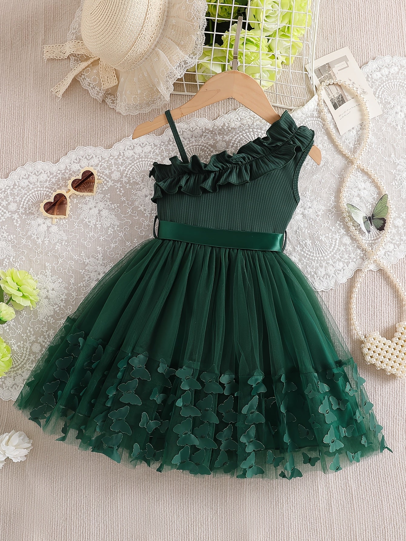COVIVIKY Girls' Summer Elegant Dress 3D Butterflies And Asymmetrical Ruffle Straps with Bow Party Princess Dress for Daily Casual And Formal Occasions
