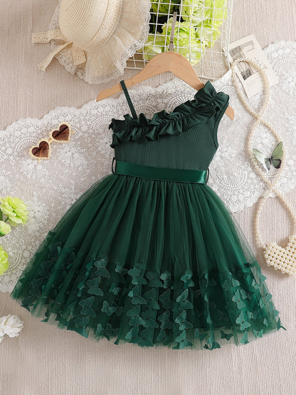 COVIVIKY Girls' Summer Elegant Dress 3D Butterflies And Asymmetrical Ruffle Straps with Bow Party Princess Dress for Daily Casual And Formal Occasions