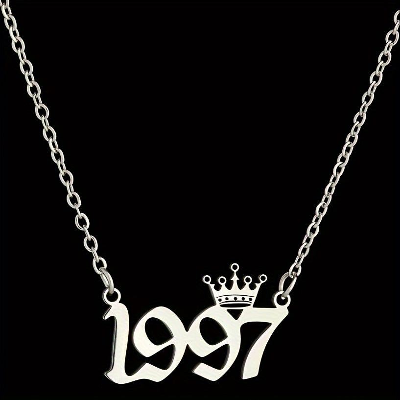 1 Elegant and Stylish Stainless Steel Polished Year Number Necklace, Unique Date Birthday Crown Pendant Necklace Gift for 1980-2024, Versatile Casual Attire Collarbone Chain Holiday Present
