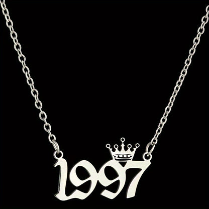 1 Elegant and Stylish Stainless Steel Polished Year Number Necklace, Unique Date Birthday Crown Pendant Necklace Gift for 1980-2024, Versatile Casual Attire Collarbone Chain Holiday Present