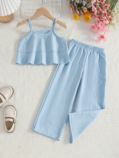 Little Girl's Summer Plain Vest 2pcs Set with Straight Trousers, Fashionable and Elegant Children's Clothing., Perfect for Outdoor