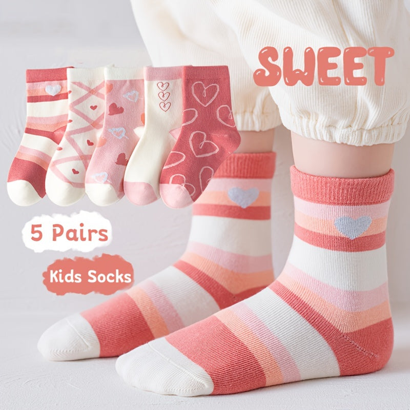 5 Pairs of Heart-Patterned Socks for Girls