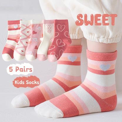 5 Pairs of Heart-Patterned Socks for Girls