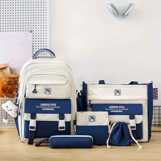 A Set of 5 Solid Color Backpacks, Featuring a Spacious Backpack, a Easy Handbag And Coin Purse, a Casual Crossbody Bag, a Pencil Case Handbag, And a Lightweight Student Backpack Set, Perfect for Students Returning to School