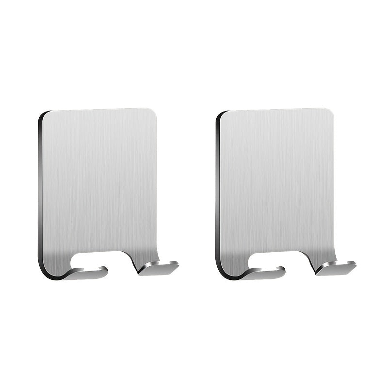 2pcs Silvery Adhesive Wall Hooks, No Drilling Required, Bathroom Shaver Holder, Stainless Steel Door Wall Hook, Bedroom Hat Hook, Bathroom Kitchen Bedroom Bathrobe Hook