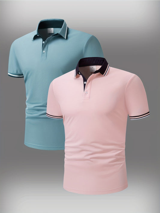 2pcs Set + Pearl Ground Fabric + 180g Weight Men's Short-sleeved Top with Contrast Color Collar, Fashionable Business Casual Style, Knitted Collar + Cuffs, Workwear, Suitable for Daily Work and Casual Wear, Ideal as a Gift