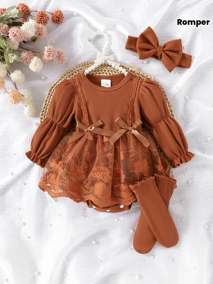 Autumn And Winter Baby Waffle Lantern Sleeve Mesh Romper with Socks And Headband, for Outdoor