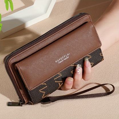 Classic PU Women'S Wallet, Long, Color-Block, Double-Layer Design, Zipper Closure, Zip Pocket, Photo Separation Layer, Nylon Lining, Continental Form Factor, with Positioning Printing for Women