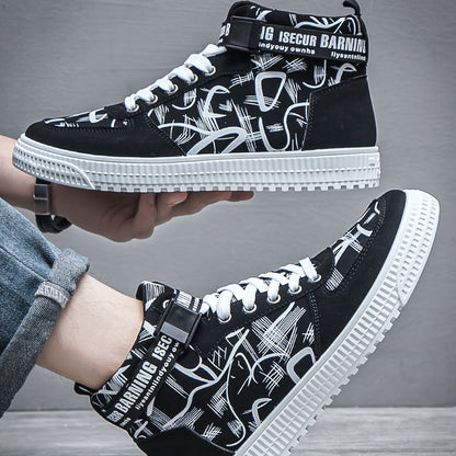 Men'S Fashionable Easy Comfortable Black Mid-Top Casual Sneakers | Non-Slip, Versatile for All Seasons, Faux Upper and Sole, Lace Closure
