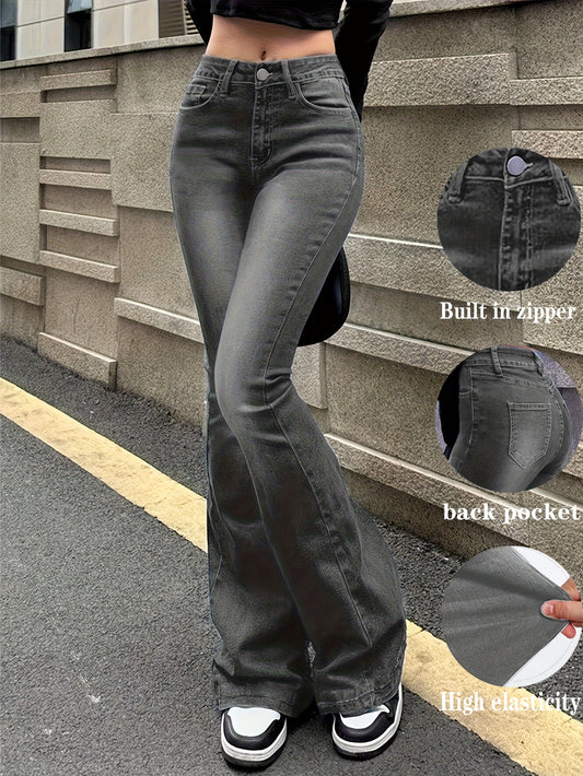 Women'S High-Stretch Retro Flare Jeans - Slim Fit Mid-Rise Bell Bottoms with Slant Pockets, Washed Blue Denim & Built-In Zipper, All-Season Casual Wear, High Waisted Jeans, Comfortable Fashion, Durable Fabric, Versatile Bottoms, Vintage Style, Quality Sti