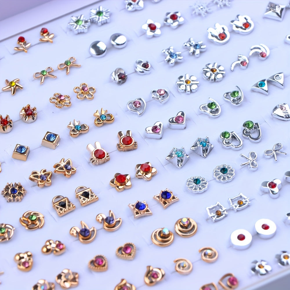 36 Pairs/Bag of Stylish Rhinestone Geometric Small Stud Earrings for Women, Featuring a Trendy Mini Flower And Heart Mixed Design, Perfect As Party Gifts