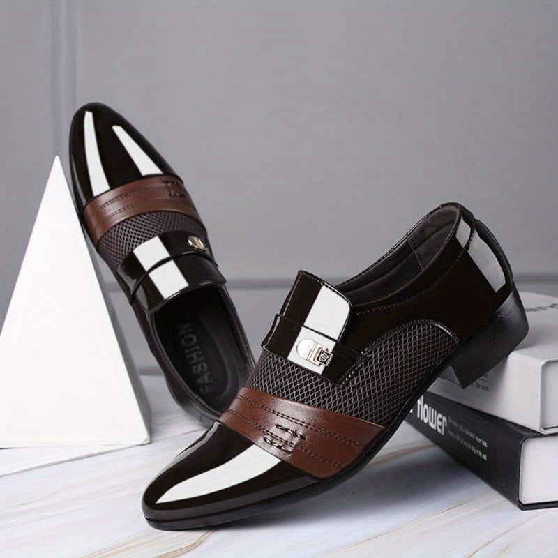 Men'S Plus Size Luxury Faux Dress Shoes - Black & White Contrast Design, Ankle Boots with Golden-Tone Buckle, Round Toe, Lace-Up Closure for Weddings, Parties, and Office Wear, Wedding Shoes, Party Footwear, Sophisticated Style, Durable Rubber Sole