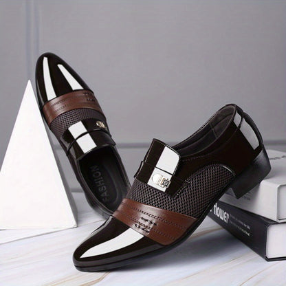 Men'S Plus Size Luxury Faux Dress Shoes - Black & White Contrast Design, Ankle Boots with Golden-Tone Buckle, Round Toe, Lace-Up Closure for Weddings, Parties, and Office Wear, Wedding Shoes, Party Footwear, Sophisticated Style, Durable Rubber Sole