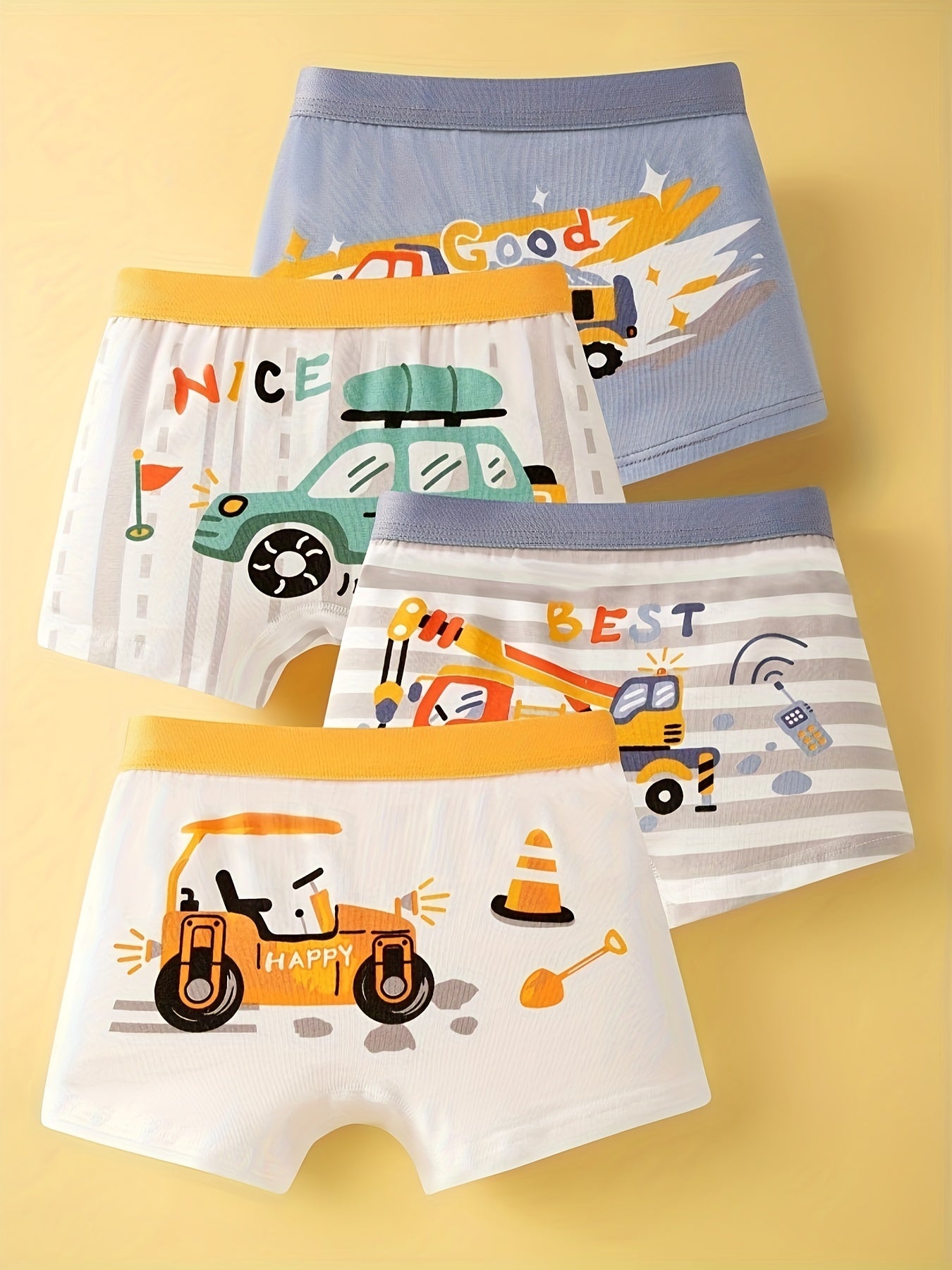 [4-Pack Boys' Boxer Briefs] 4-Pack Boys' Boxer Briefs with Cartoon Dinosaur and Car Patterns
