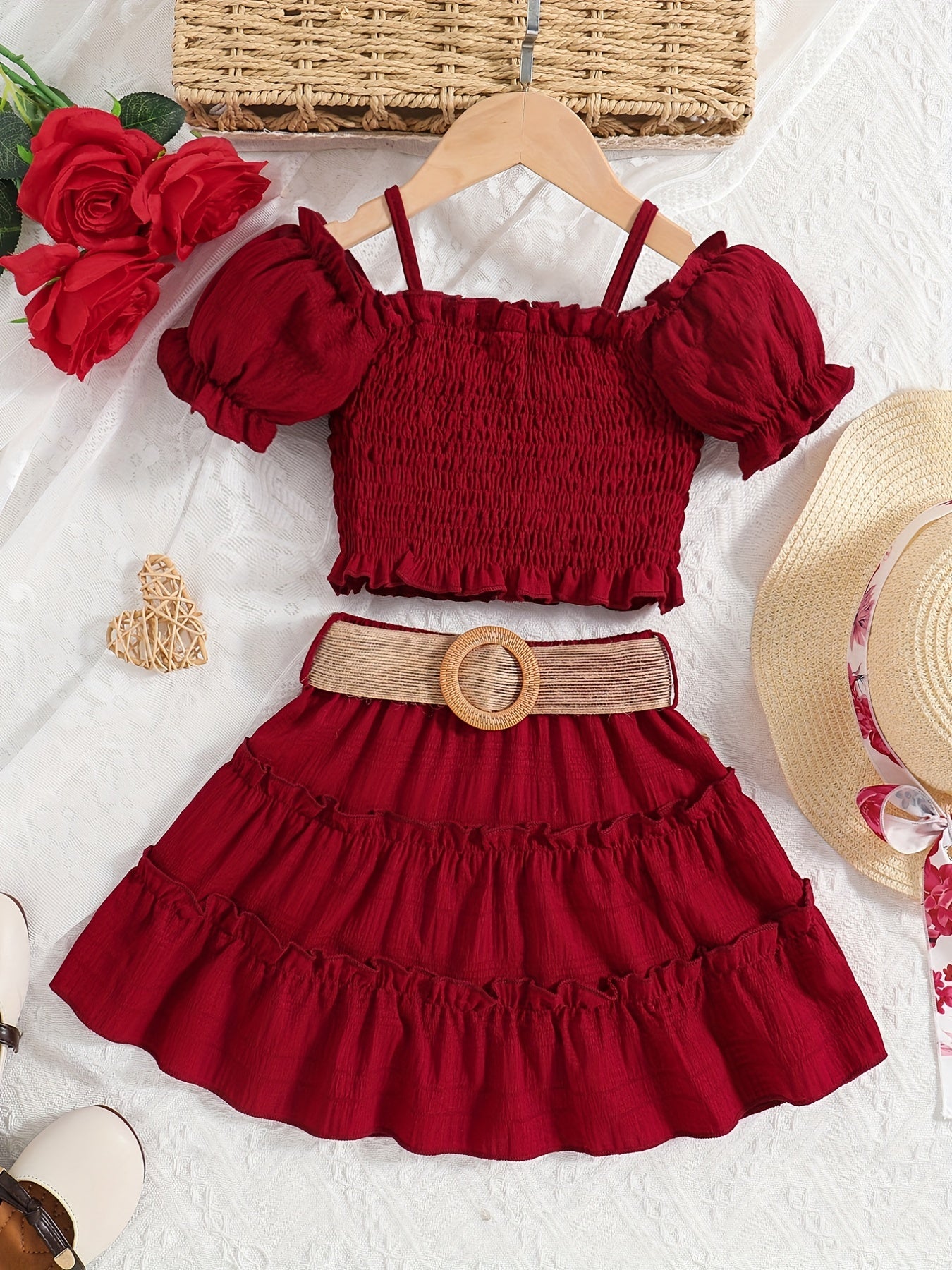 [Off-Shoulder Top Skirt Set] Summer Solid Color Off-Shoulder Lantern Sleeve Top and Knee-Length Skirt with Belt Set for Girls, Perfect for Outdoor Activities, Casual Attire, Playful Style