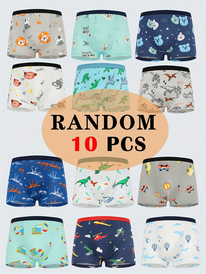 Random 10pcs of Boys' Boxer Briefs with Cartoon Animal Print, Elastic And Comfortable Boys' Underwear