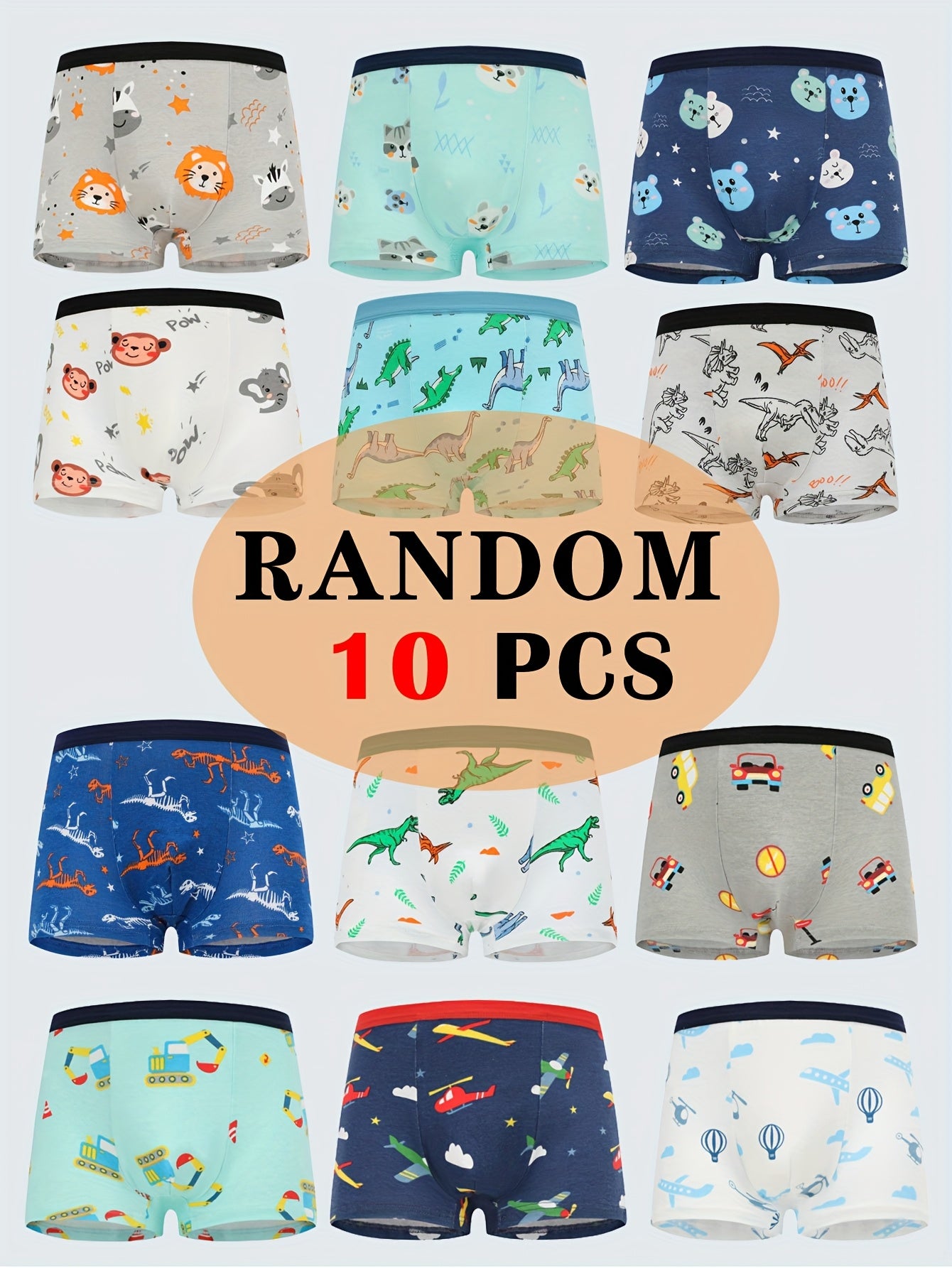 Random 10pcs of Boys' Boxer Briefs with Cartoon Animal Print, Elastic And Comfortable Boys' Underwear