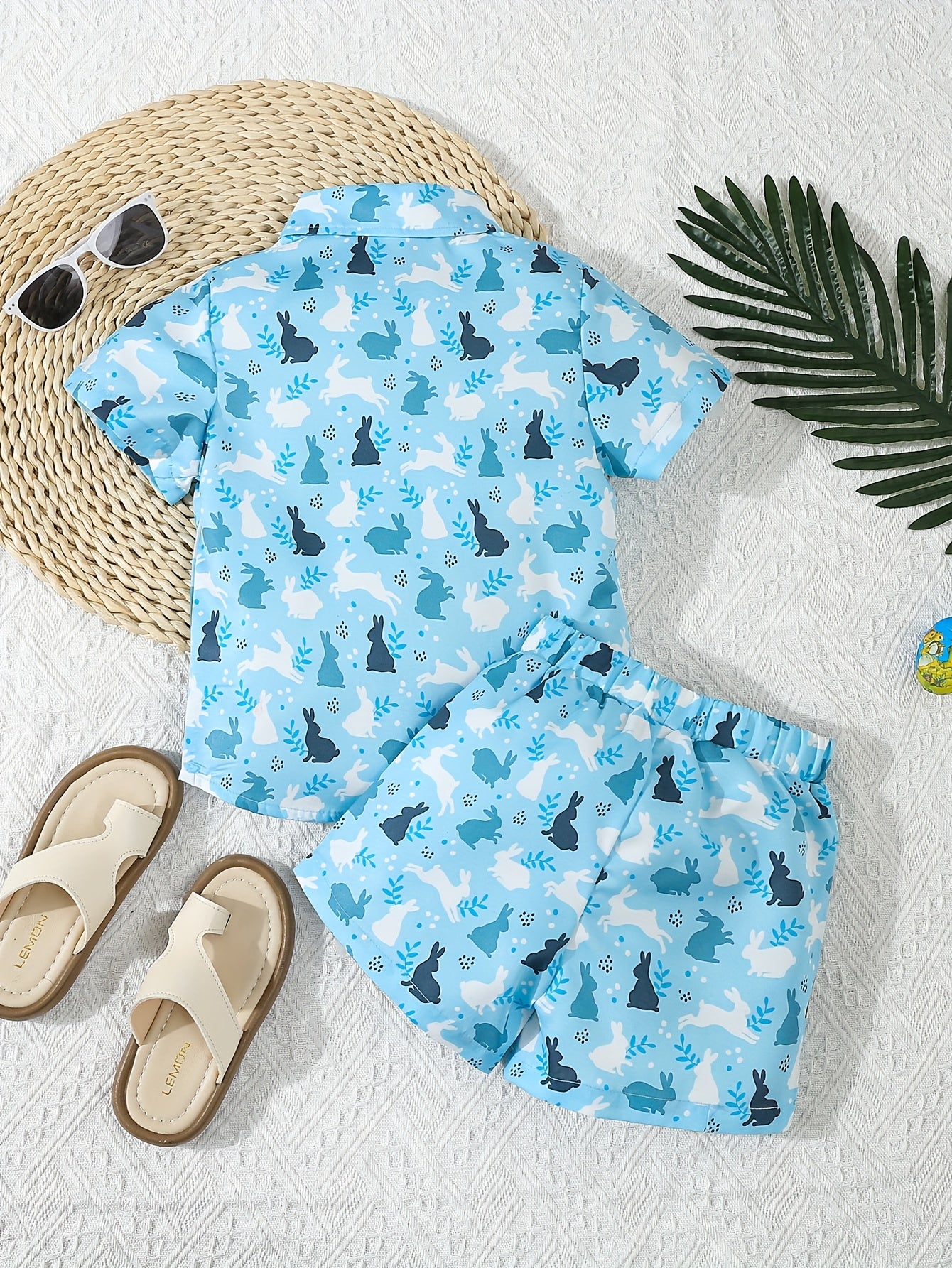 Single Cute Easter Bunny Print Short Sleeve Shirt and Shorts Set | Casual Non-Stretch Fabric, Regular Fit, Ideal for Outdoor Activities