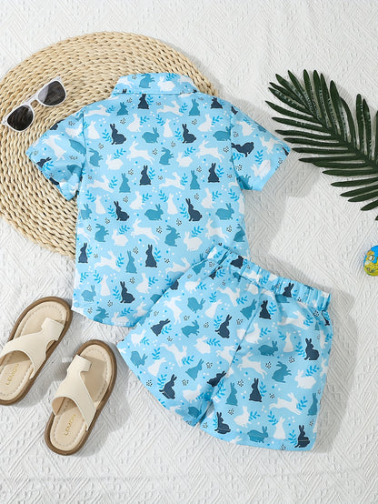 Single Cute Easter Bunny Print Short Sleeve Shirt and Shorts Set | Casual Non-Stretch Fabric, Regular Fit, Ideal for Outdoor Activities