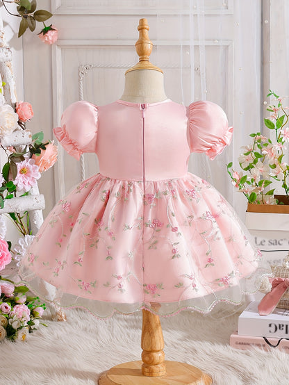 Girls' Summer Wedding Season Elegant Noble Fashion Bow Puff Sleeve Baby Girl First Birthday Gown Tulle Skirt Children's Puffy Princess Dress for Party