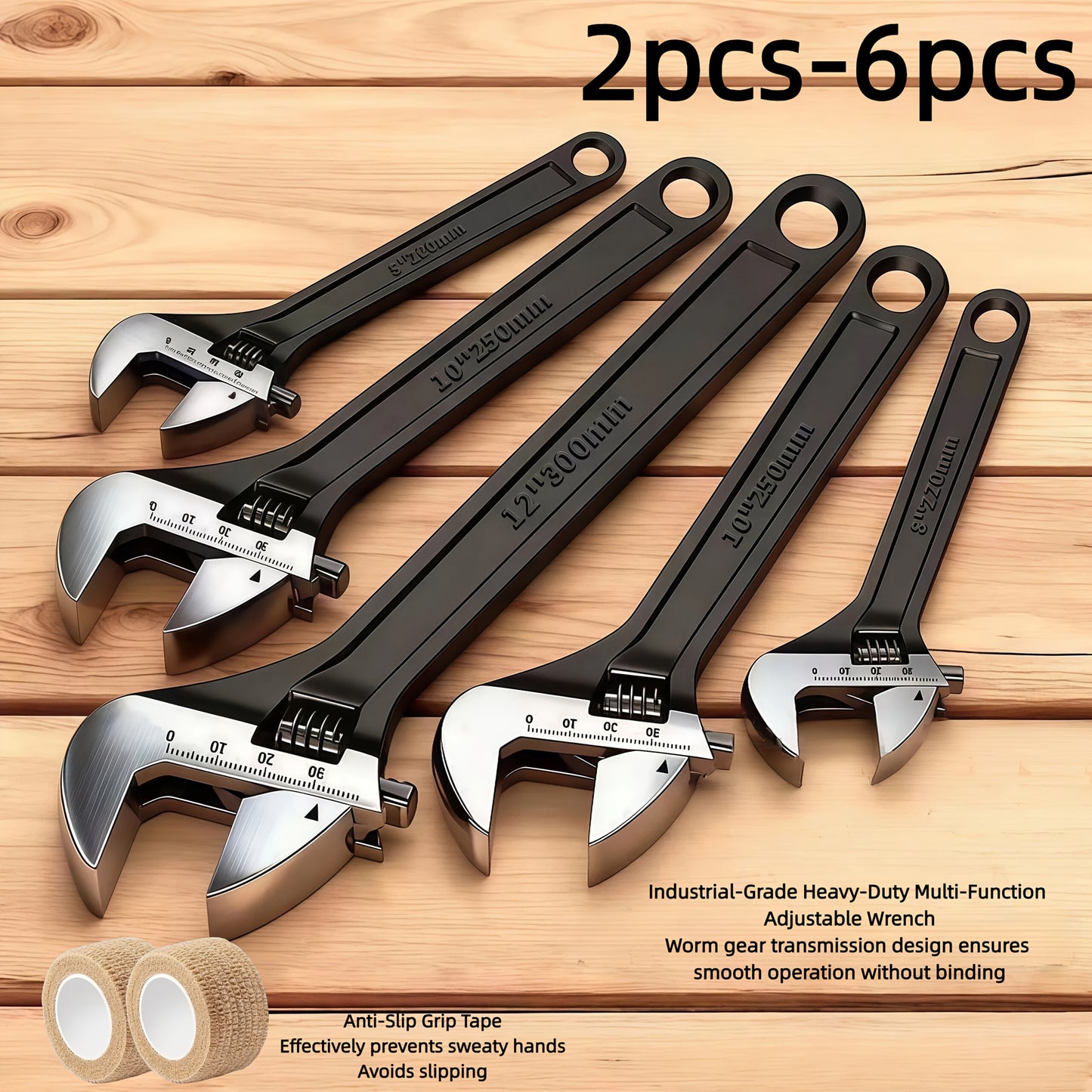 2pcs/6pcs Heavy-Duty Adjustable Wrench Set – Wide-Jaw Chrome Vanadium Steel Wrenches with Non-Slip Grip Tape, Professional Multi-Purpose Tool for Plumbing, Auto Repair, and Home Maintenance