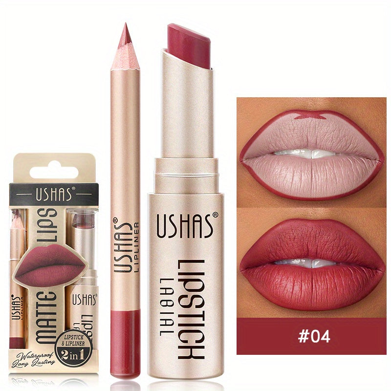 24 Hour Waterproof Velvet Matte Lipstick + Lip Liner - Nonstick Cup Lipgloss Lip Stain Pigmented Lip Makeup - Golden Box Nude Lipstick Valentine's Day Gifts