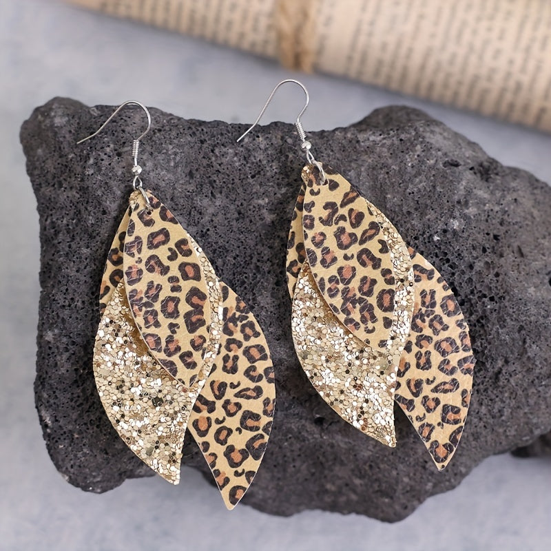 [Triple Leopard Sequin Earrings] Vintage Triple Leopard PU Leather Sequin Layer Earrings