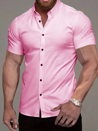 Muscle Man Fitness Short Sleeve Lapel Shirt | Non-Stretch, Solid Color, Button Detail, Summer Business Casual Non-Iron Shirt