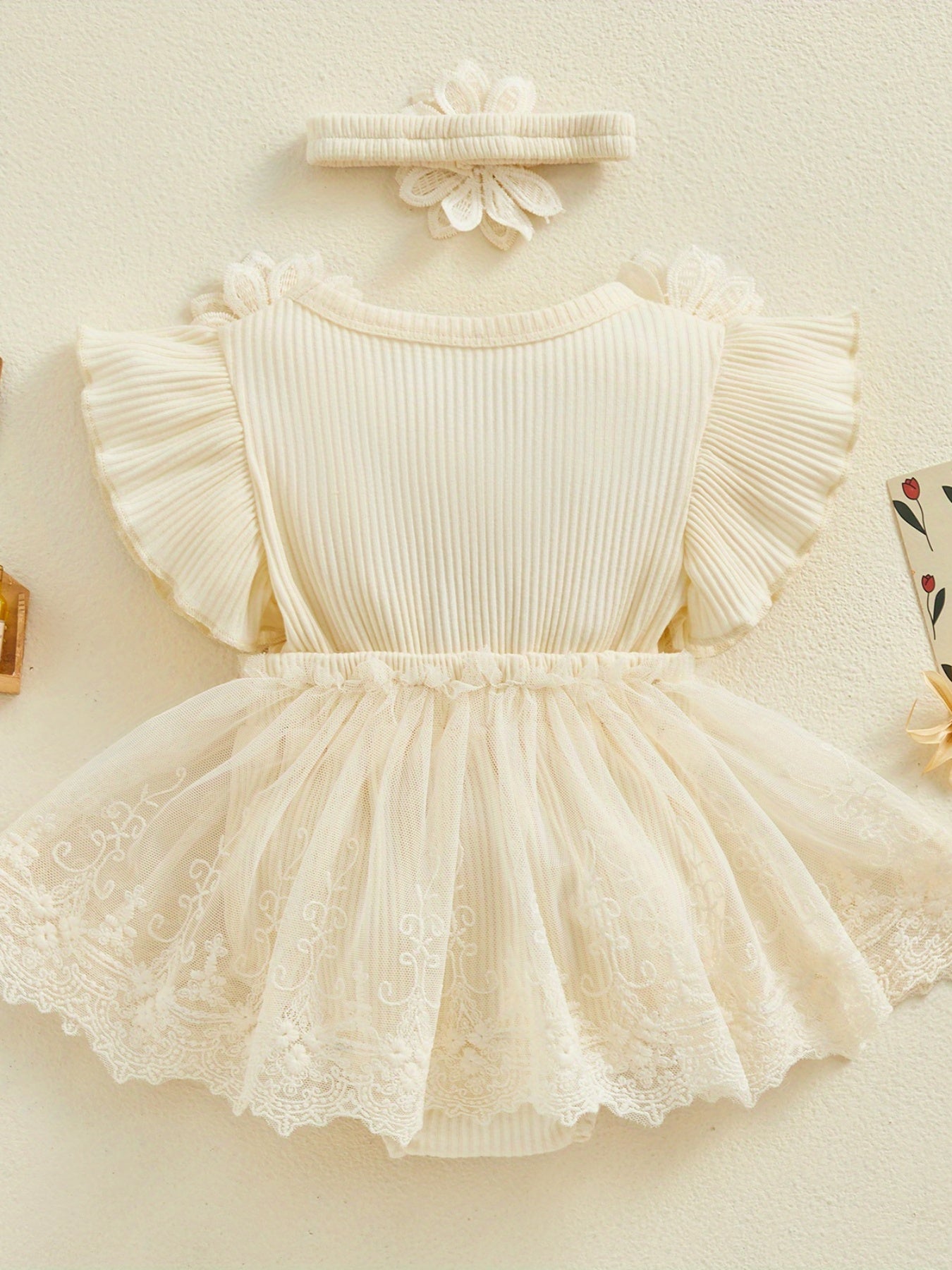 Girl 2pcs Outfits Mesh Lace Patchwork Ruffle Romper Dress and Headband Cute Fashion Summer Clothes, Perfect for Outdoor