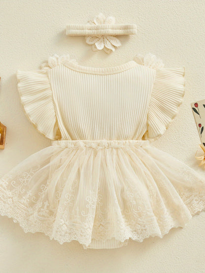 Girl 2pcs Outfits Mesh Lace Patchwork Ruffle Romper Dress and Headband Cute Fashion Summer Clothes, Perfect for Outdoor