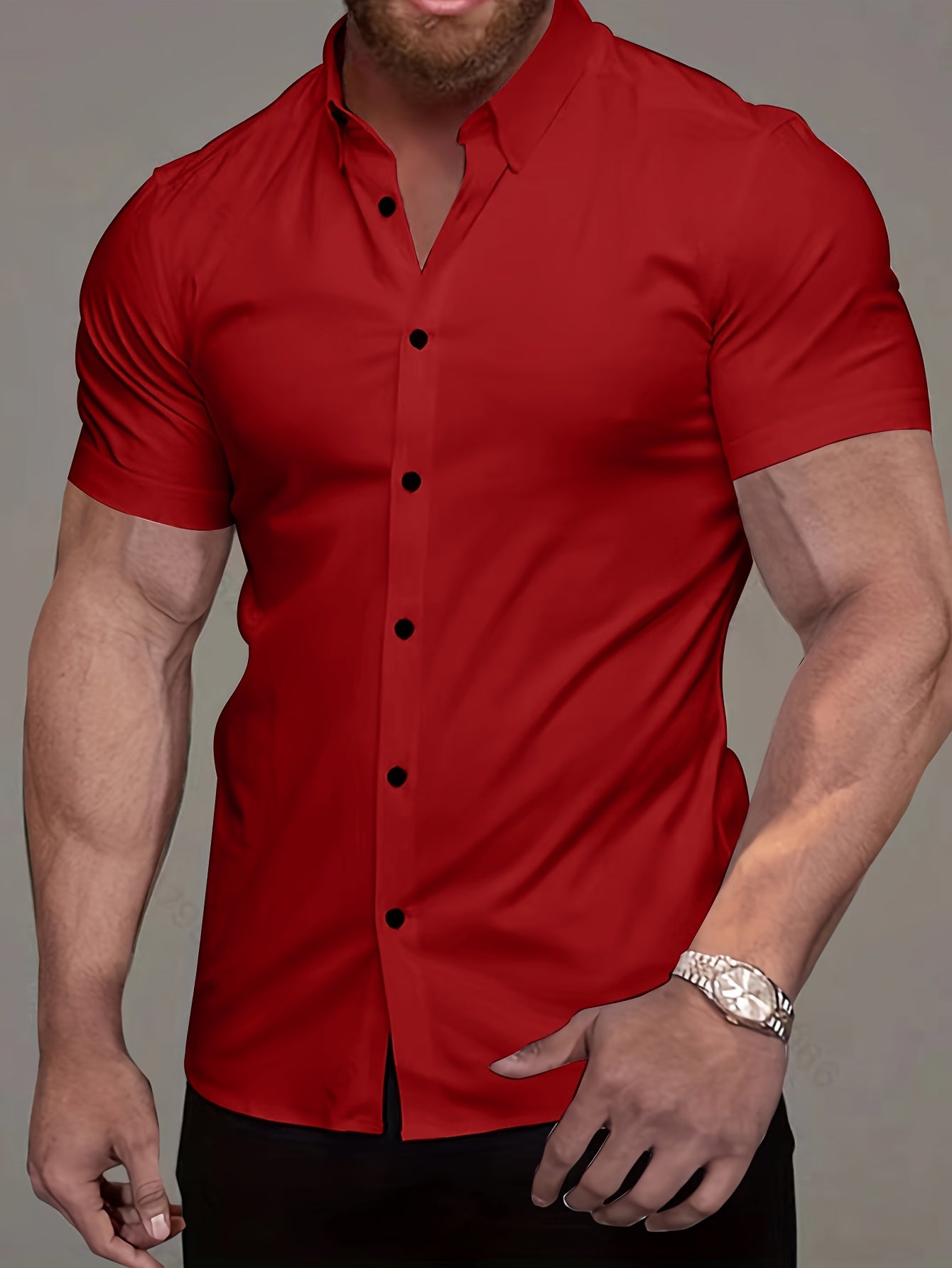 Muscle Man Fitness Short Sleeve Lapel Shirt | Non-Stretch, Solid Color, Button Detail, Summer Business Casual Non-Iron Shirt