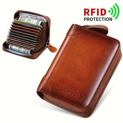 [RFID Wallet] A Men's Genuine Leather RFID Blocking Wallet - Ultra-Thin Foldable Design, Featuring 2 ID Card Slots, Large Capacity for Cash And Cards, Gold-Tone Hardware, And Anti-Theft Design