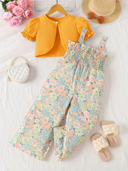 Suit Summer Floral Print Pleated Suspender Jumpsuit Plus Cardigan Jacket Two-Piece Set