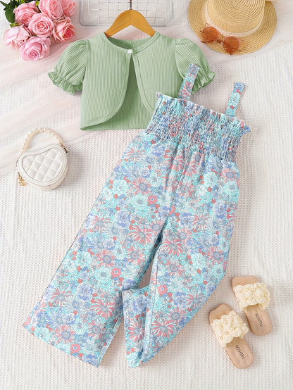 Suit Summer Floral Print Pleated Suspender Jumpsuit Plus Cardigan Jacket Two-Piece Set
