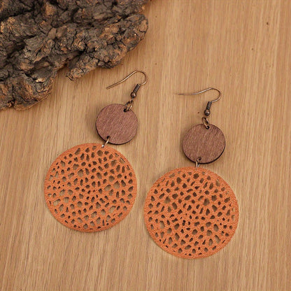 Bohemian Retro Wood Chip Round Hollow Faux Leather Earrings