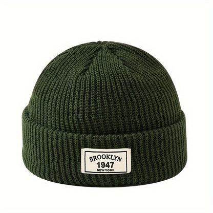 MAKEFGE Men's Fashion Knitted Beanie - Warm, Elastic Acrylic Winter Hat with Letter Patch, Ideal for Active Leisure, Holiday Gifts and Valentine's Day