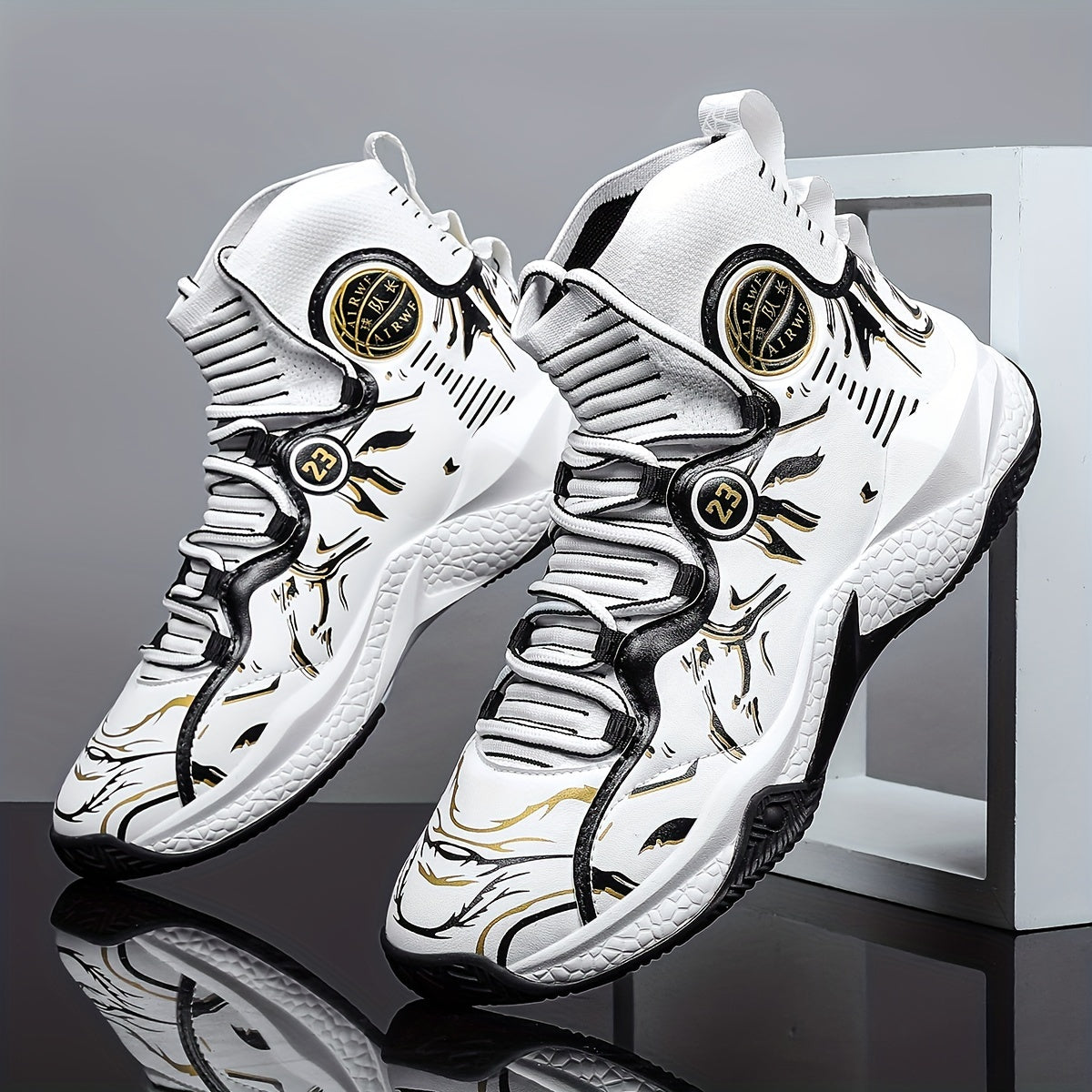 Men's High-Top Sneakers/ Basketball Shoes with Anti-Slip Rubber Sole, & Breathable Mesh Upper - White/Black/Gray/Golden/Orange Colorway, All-Season Sneakers for Running, Gym, Casual Wear - Lace-Up Mid-Top Design, All-Terrain Traction, Sneaker Boot Hybrid