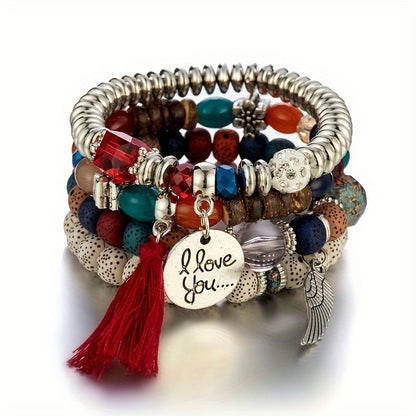 [4pcs Bohemian Bracelets] 4pcs Bohemian Winged Tassel Beaded Bracelets | Women's Fashion Jewelry, Versatile for Casual Attire and Perfect Holiday Gift